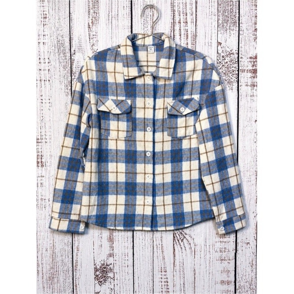 SHEIN Kids Blue Plaid Flannel Button Up Shirt Size 14/16 Youth - Picture 2 of 9